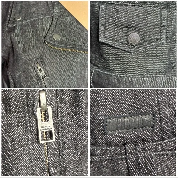Harley-Davidson black denim slim fit moto jacket y2k biker grunge size L - Picture 10 of 14